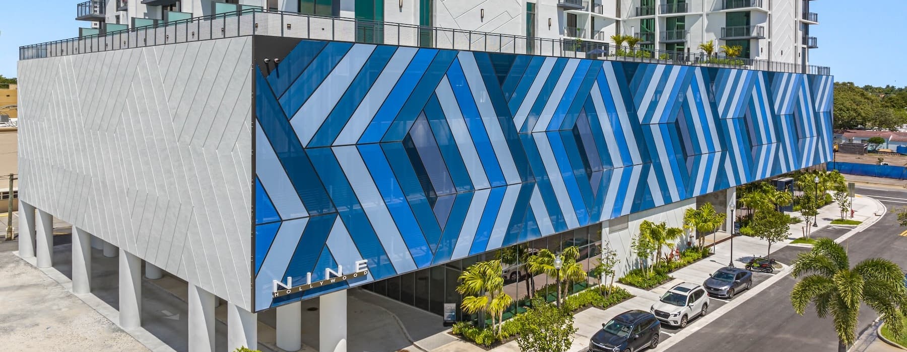 a building with a blue wall