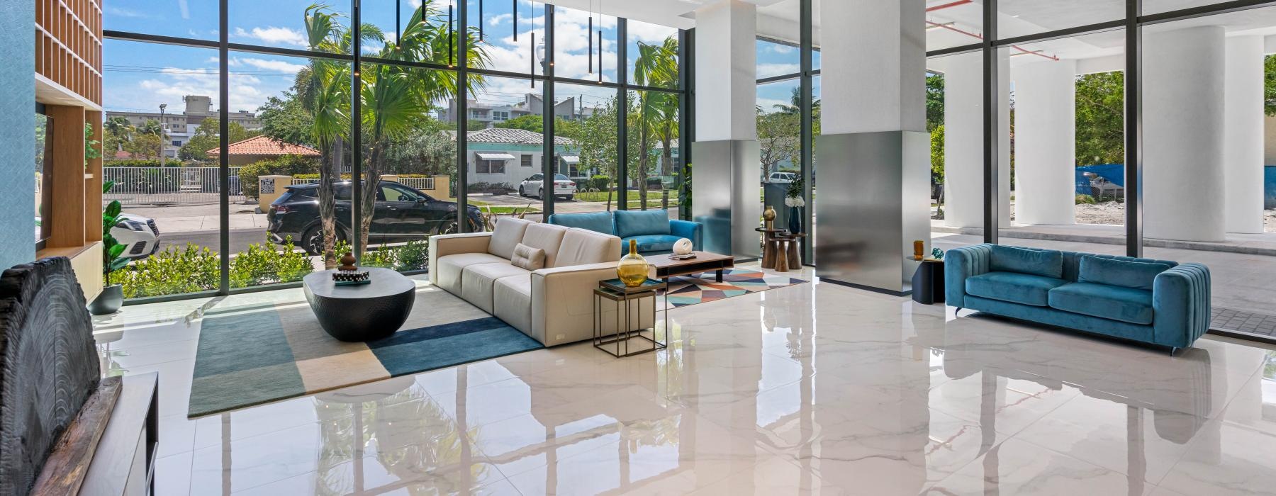 lounge with modern decor and ample seating