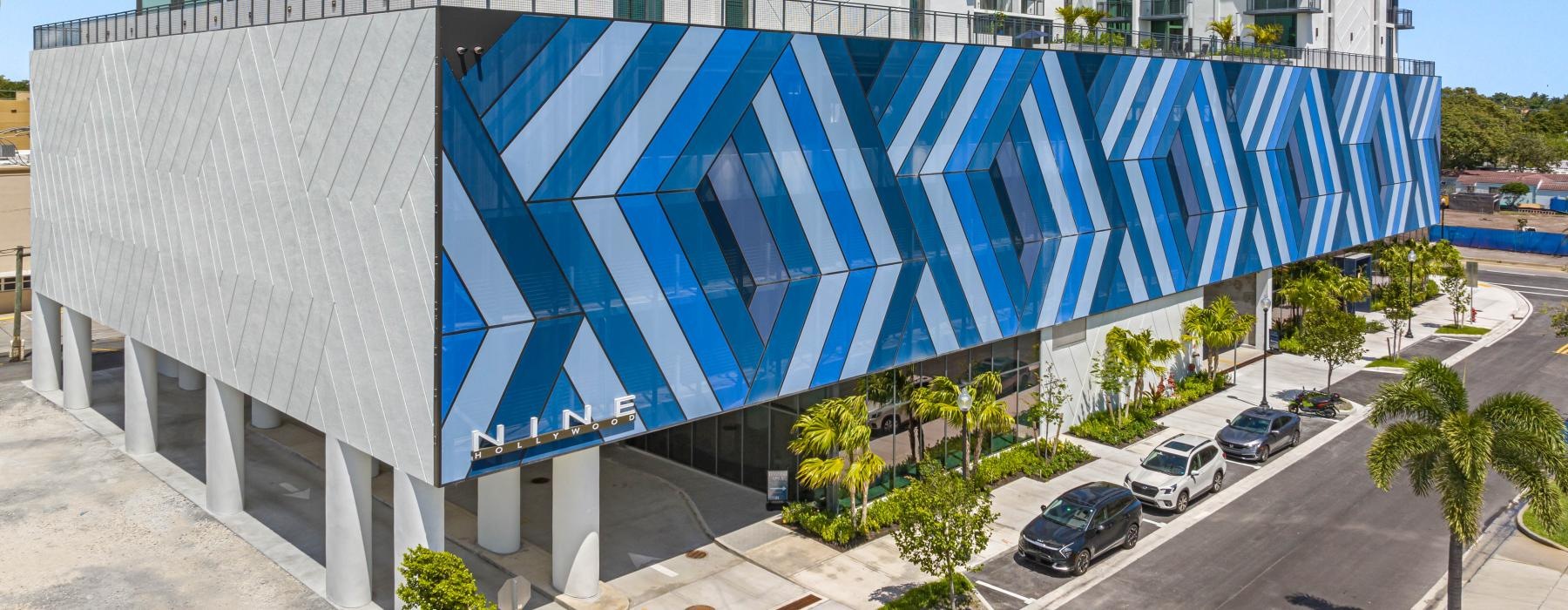 a building with a blue wall