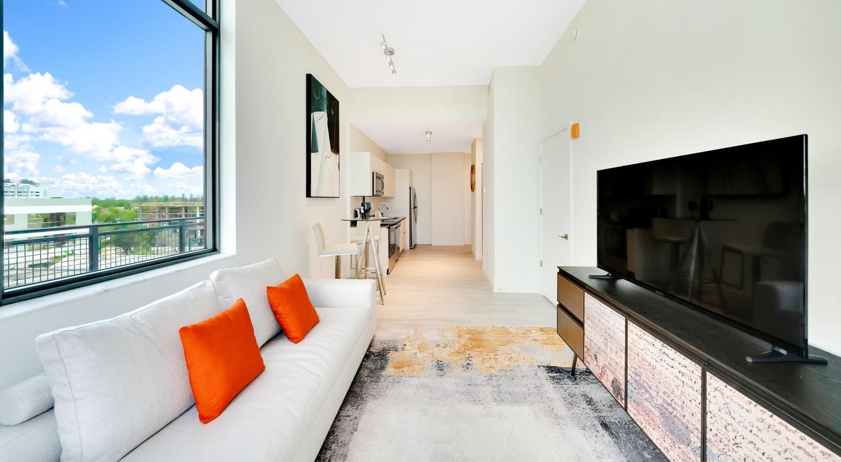 a living room with a fireplace